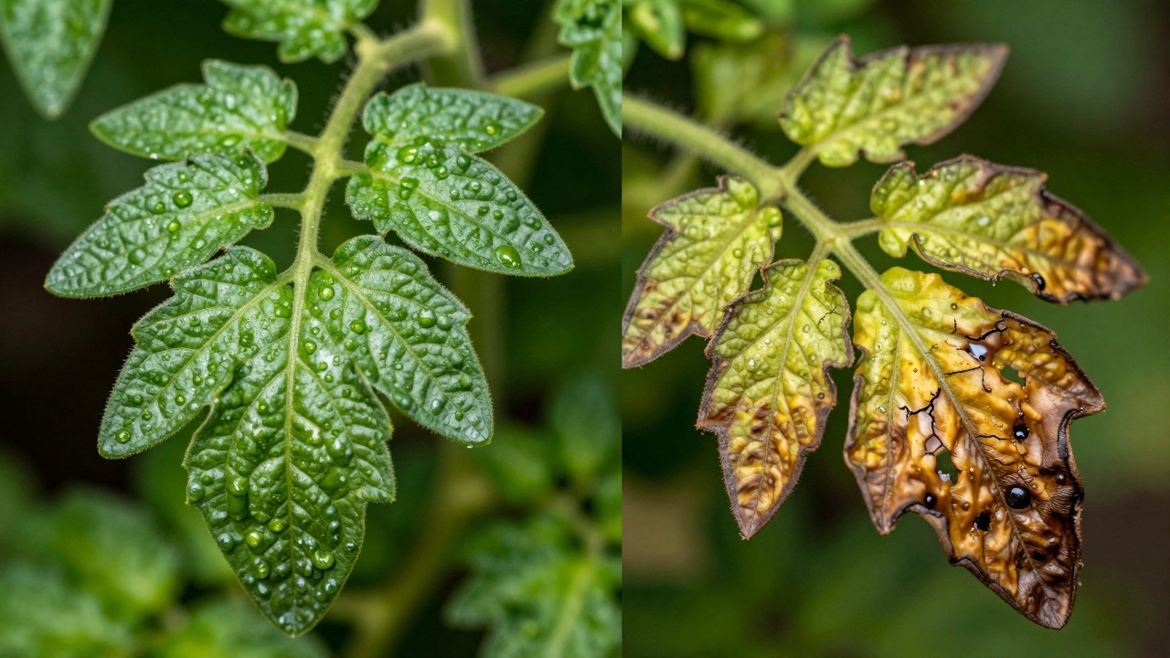 Comparison of a healthy waxy tomato leaf and a scorched, dehydrated leaf