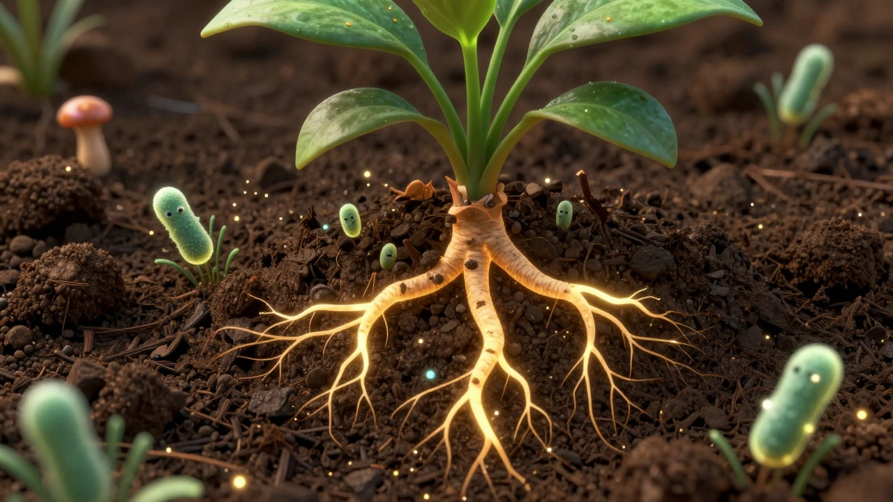Conceptual cross-section of plant roots absorbing nutrients and microbes from soil.