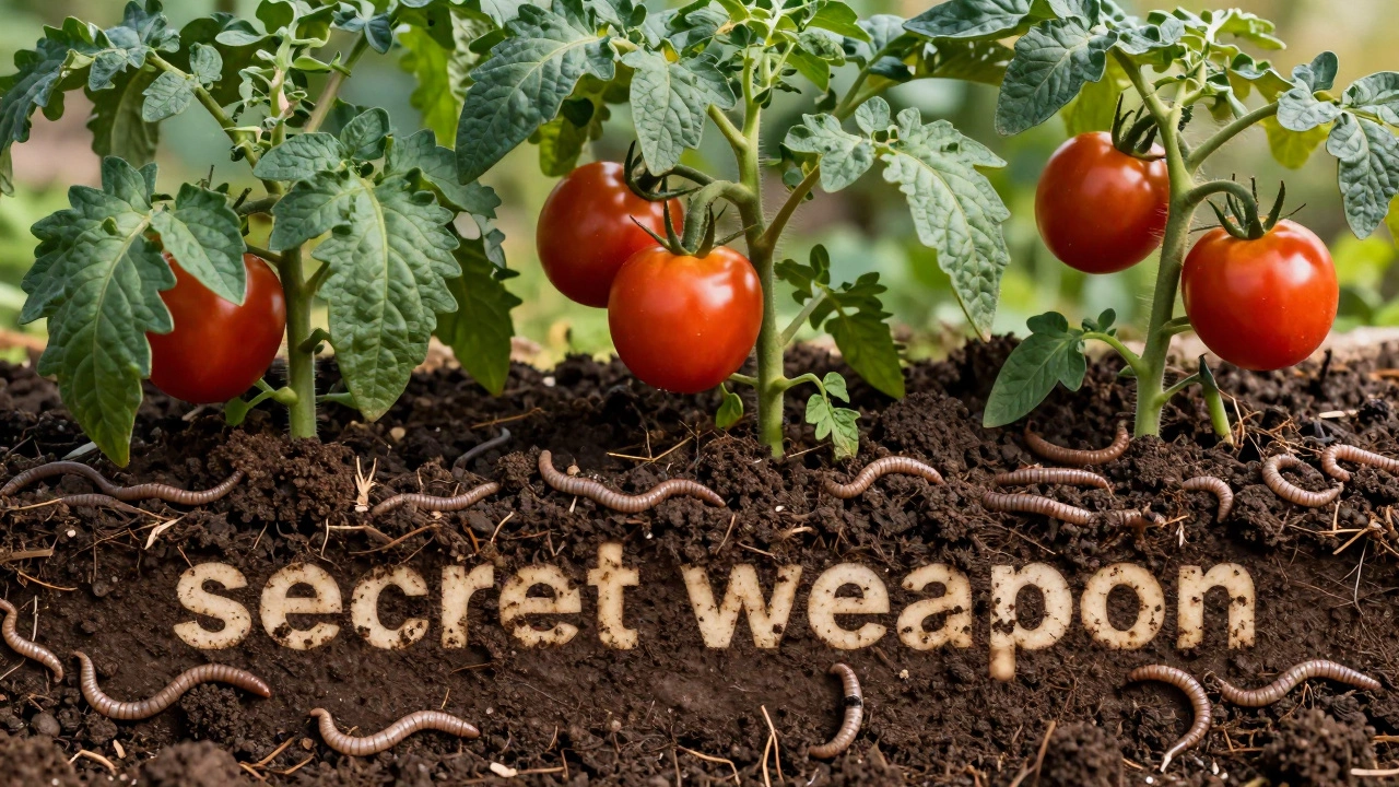 Cross-section of a garden showing healthy tomato plants above and rich compost soil below.