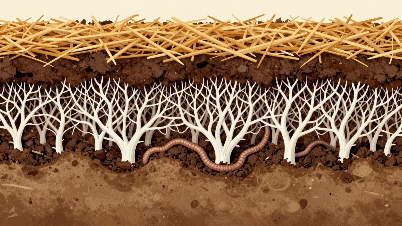 Cross-section of soil showing compost, mulch, earthworms and fungal networks.