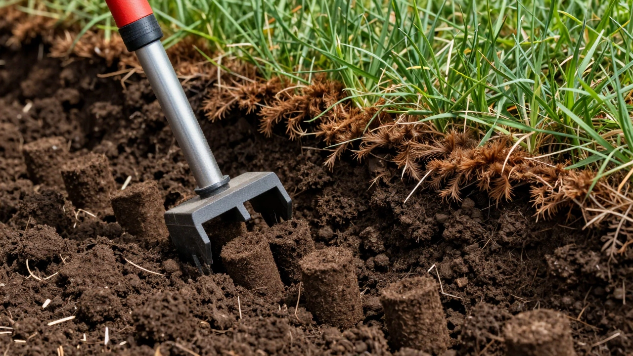 Cross-section of soil showing core aeration plugs and a thick layer of spongy thatch.