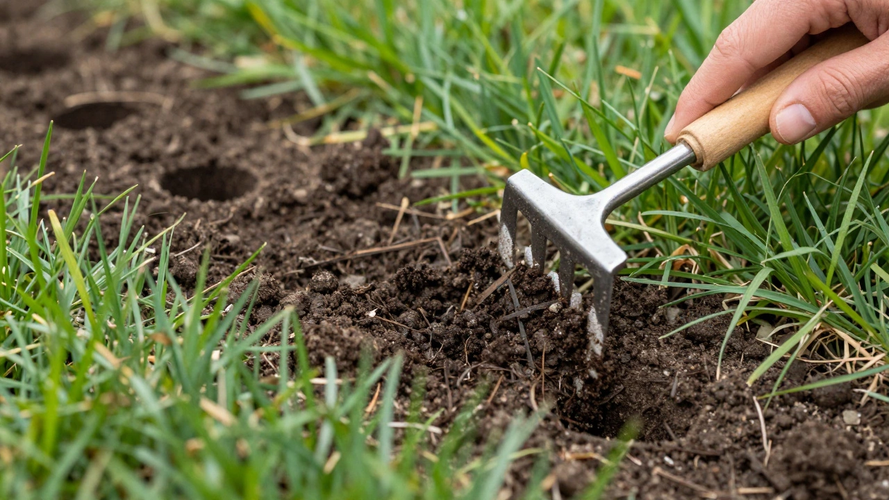 Dark organic compost being raked into aeration holes on a green lawn.