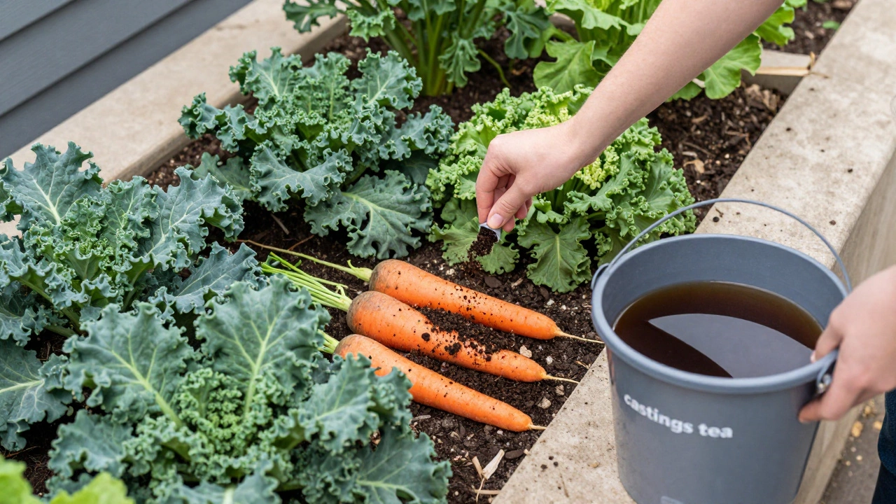 Gardener applying worm castings as a top dressing in a lush vegetable garden.
