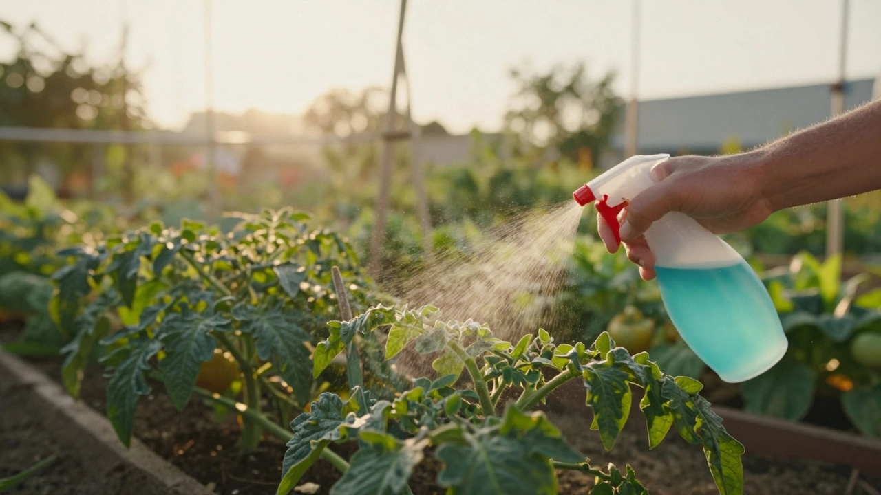 Gardener spraying the underside of tomato leaves during a golden morning