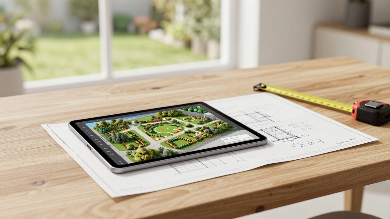 Tablet showing a 3D garden design next to printed blueprints and a tape measure.