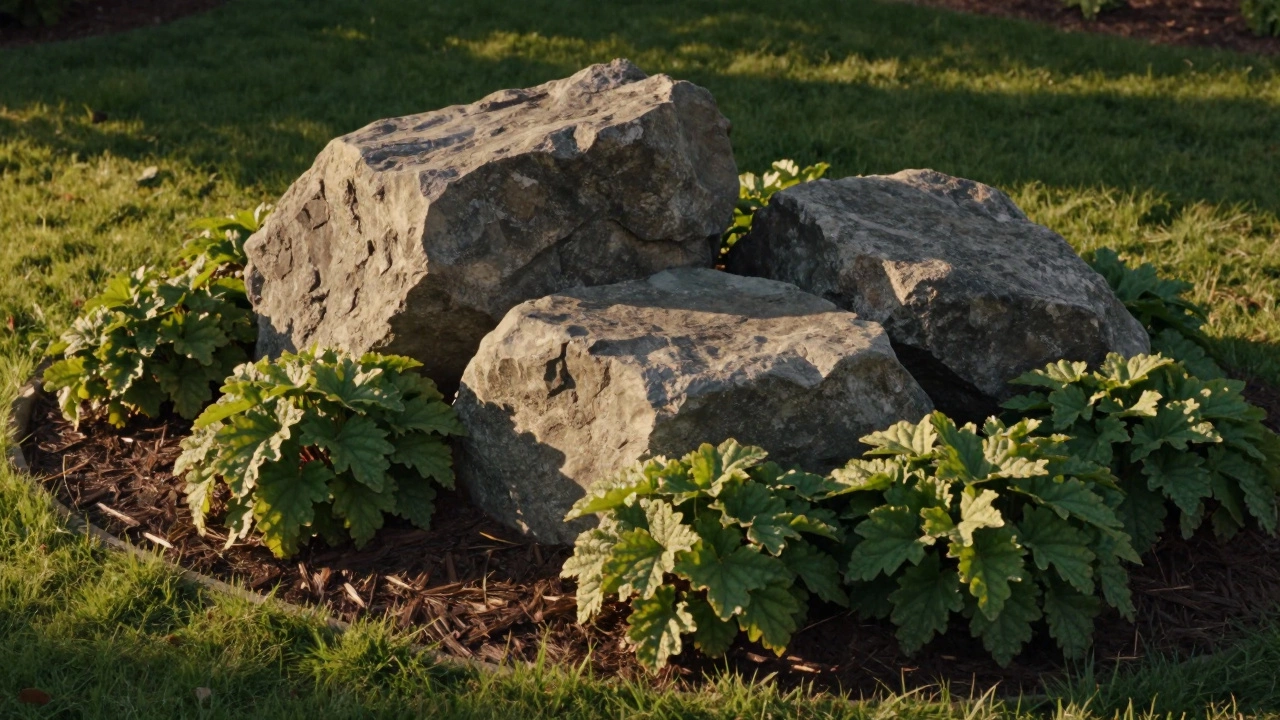 Three varying sized boulders and groups of heuchera plants creating a natural garden outcrop.