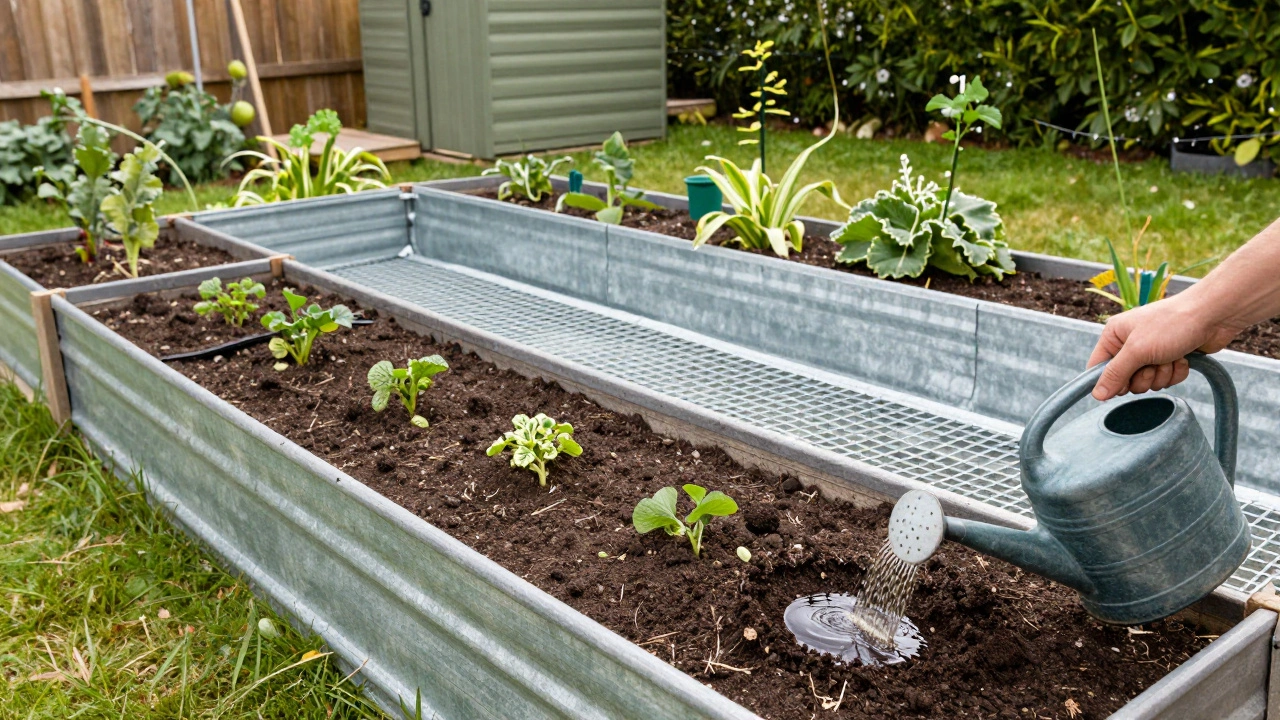 Watering can applying castor oil to soil near a mesh-lined raised garden bed