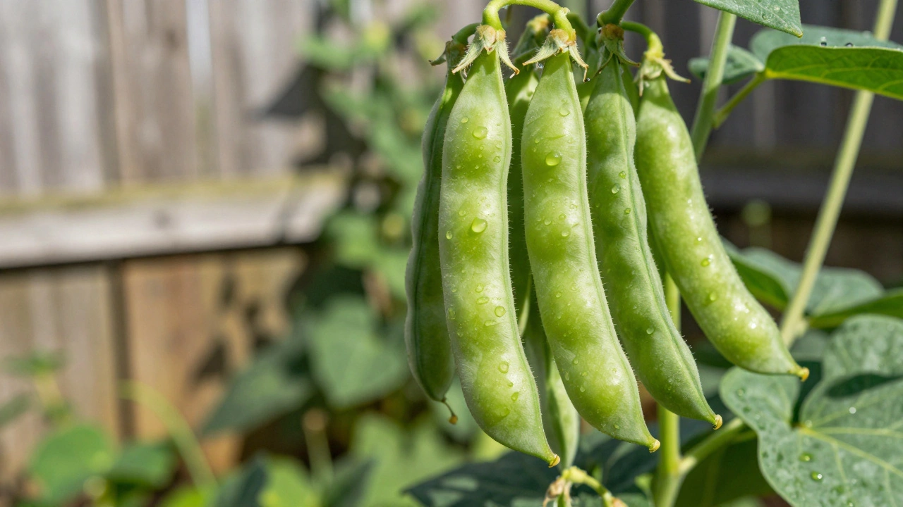 Close-up of fresh green bean pods on a thriving bush plant