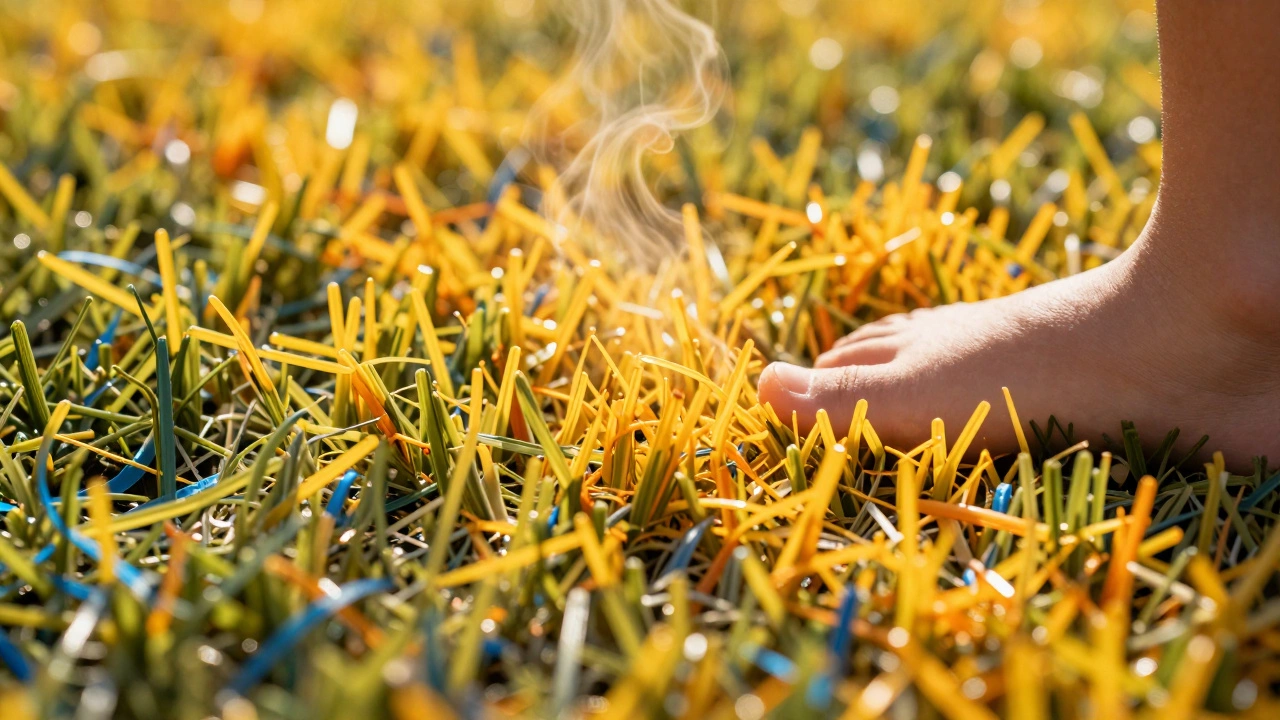 Close-up of hot artificial grass with heat waves, showing burn risk