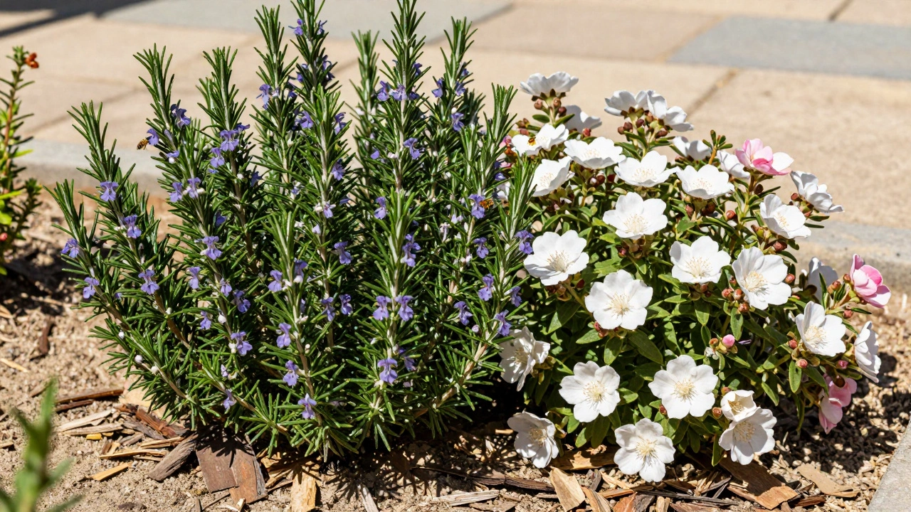 Close-up of rosemary and rock rose shrubs blooming in a sunny, mulched garden bed.