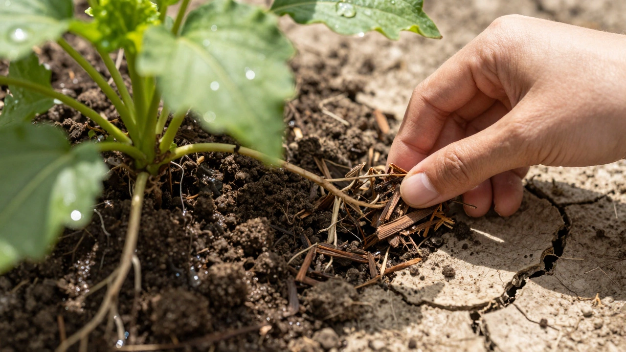 Close-up of soil and roots showing moisture retention with mulch application
