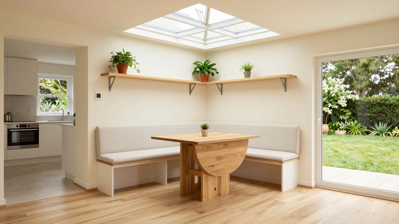 Compact orangery interior with light colors, bench seating, and mirrored wall