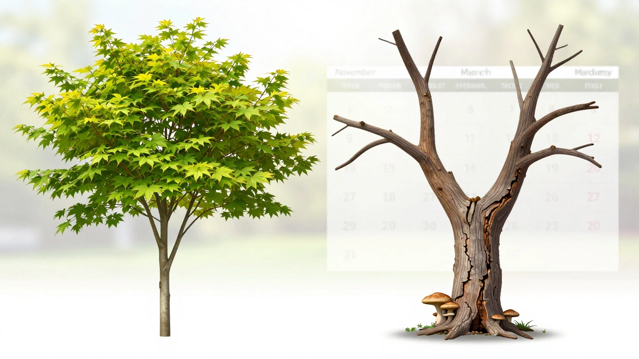 Comparison of healthy pruned tree versus decaying neglected tree