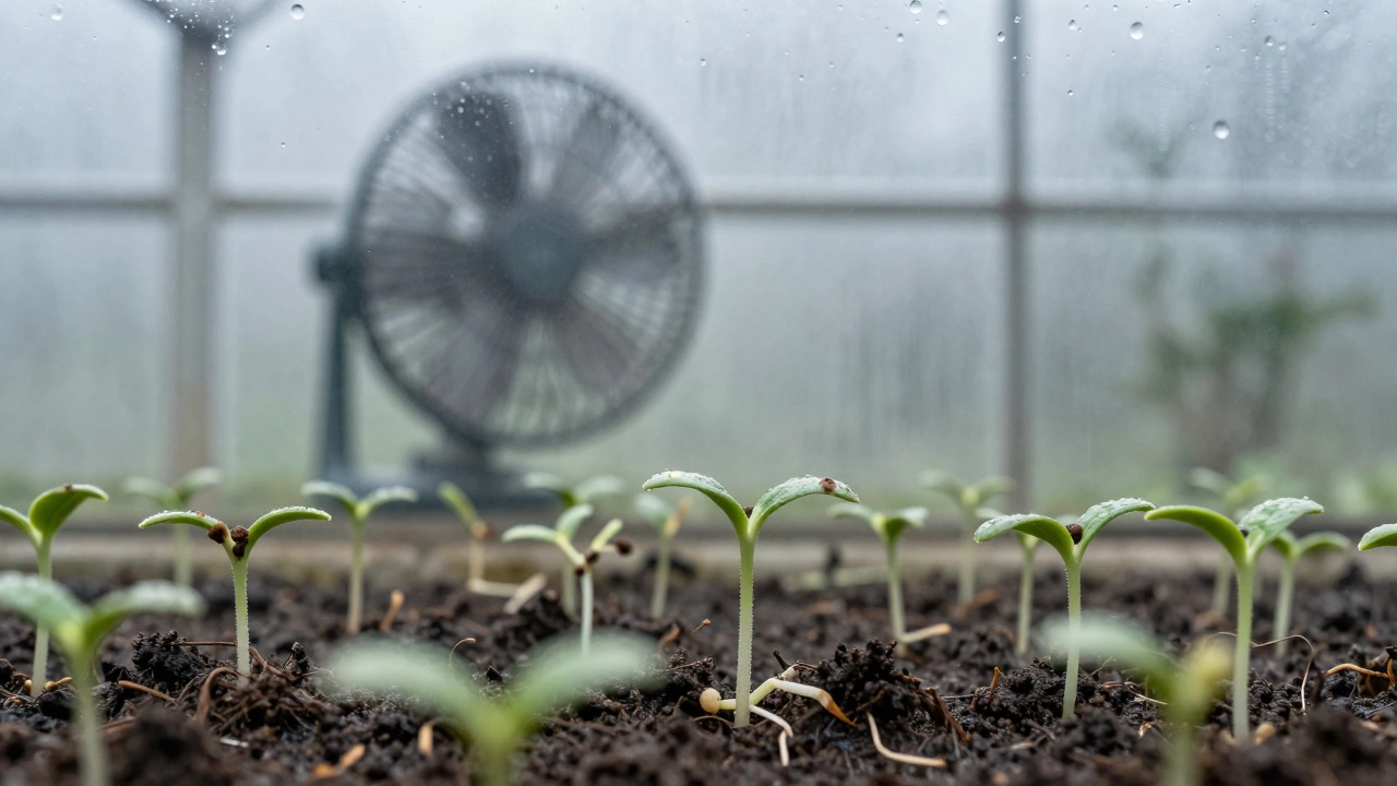 Condensation on glass and collapsing seedlings due to high humidity