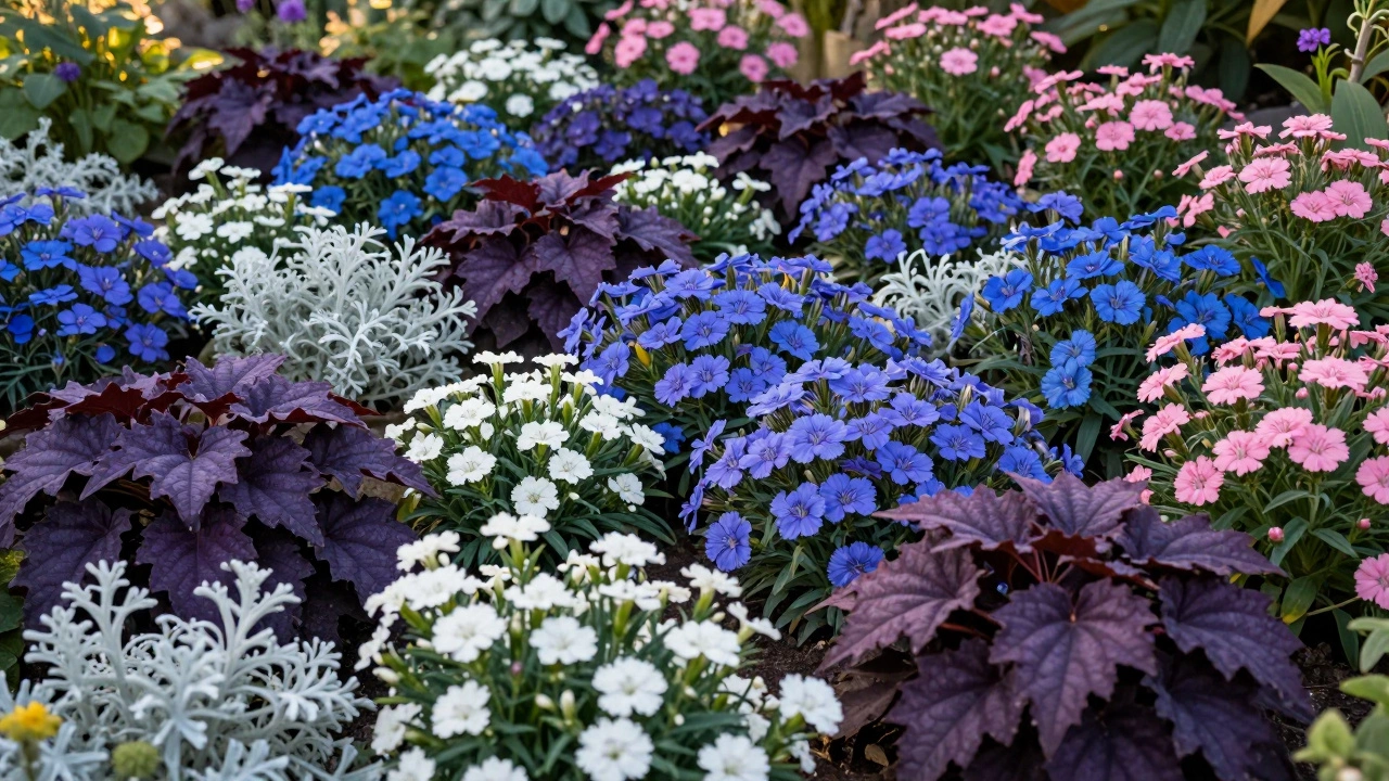 Cottage garden with grouped perennials in blues and purples