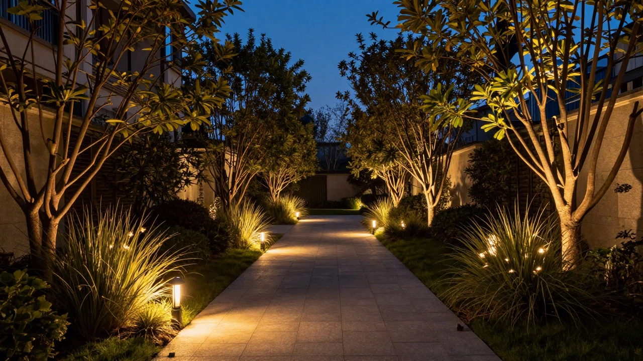 Evening garden pathway illuminated by warm LED spotlights and solar lights at dusk.