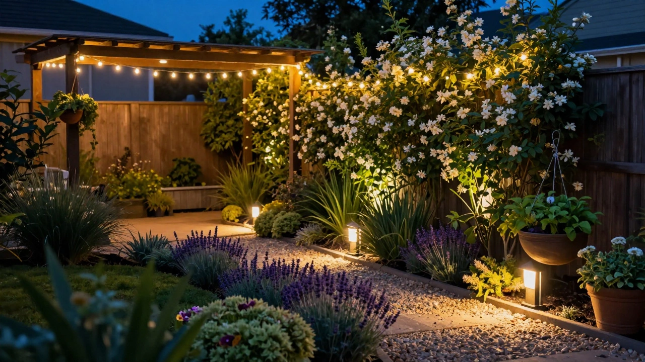 Evening view of garden with string lights and trellis