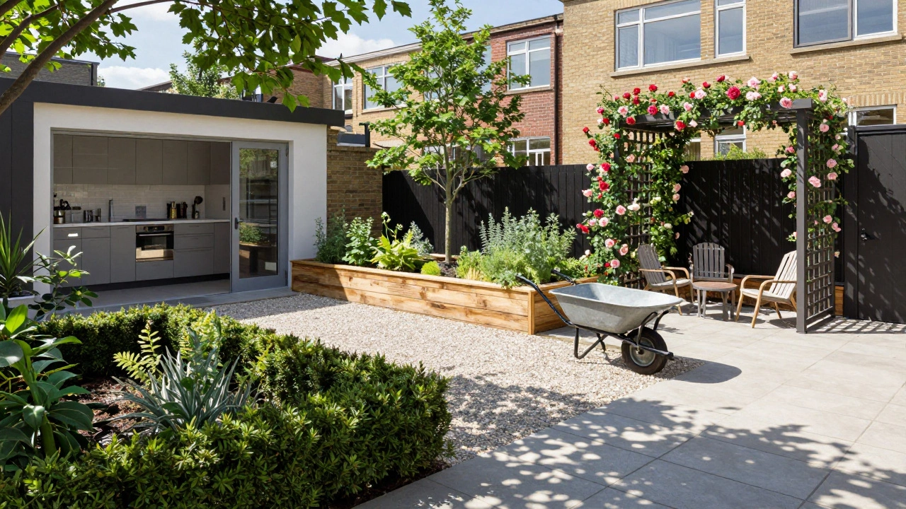 Functional urban garden layout with distinct zones and wide gravel paths