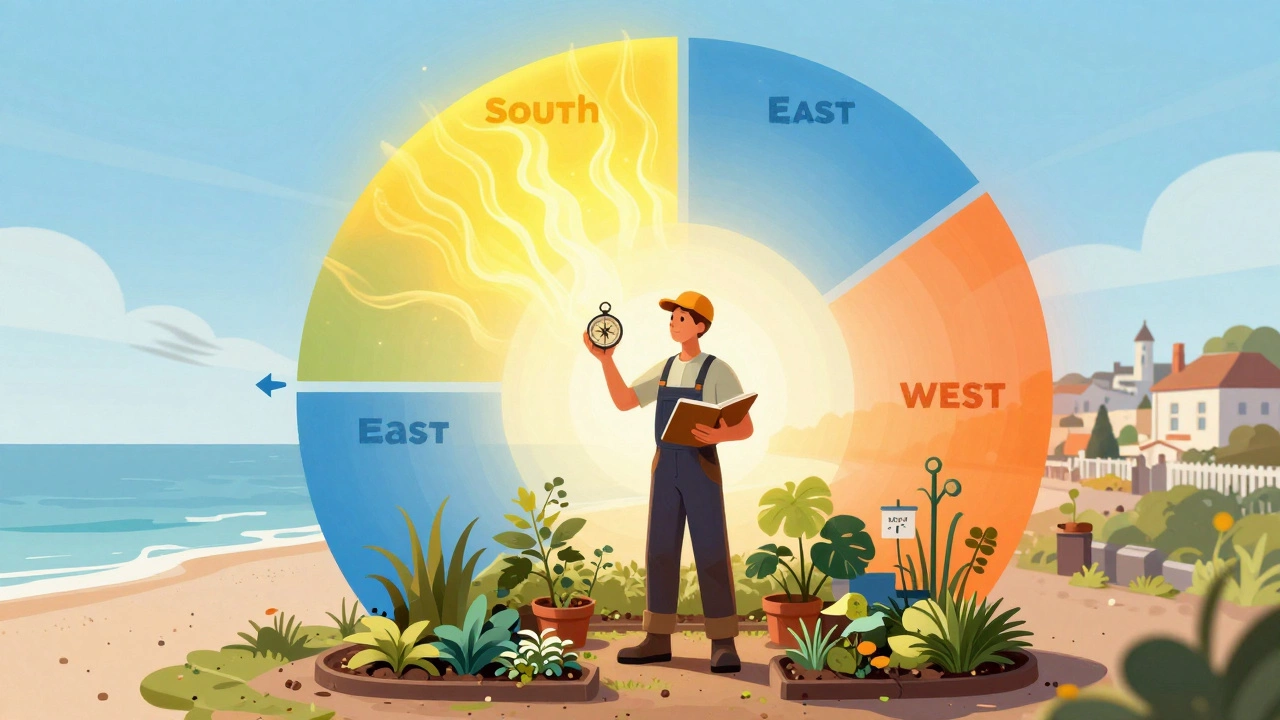 Gardener with compass surrounded by four zones representing cardinal directions