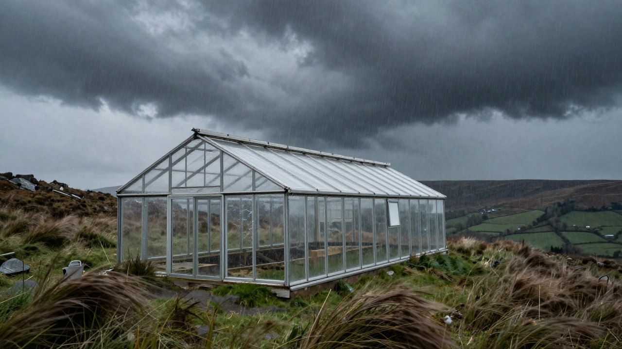 Greenhouse on exposed windy hilltop during a storm
