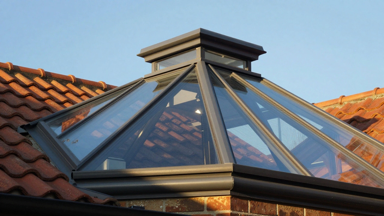 Hybrid conservatory roof with central lantern and mixed tile and glass materials