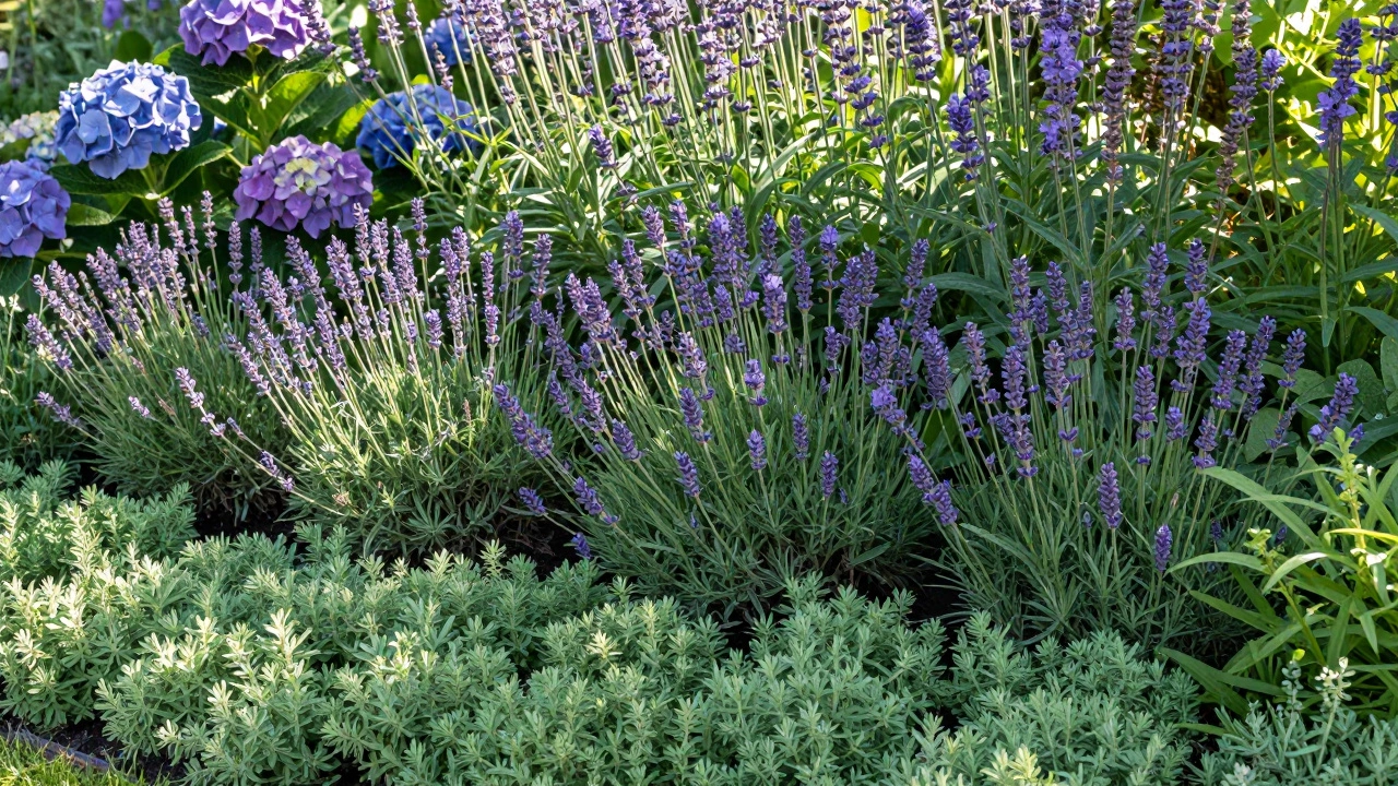 Layered garden border with sedum, lavender, and verbena