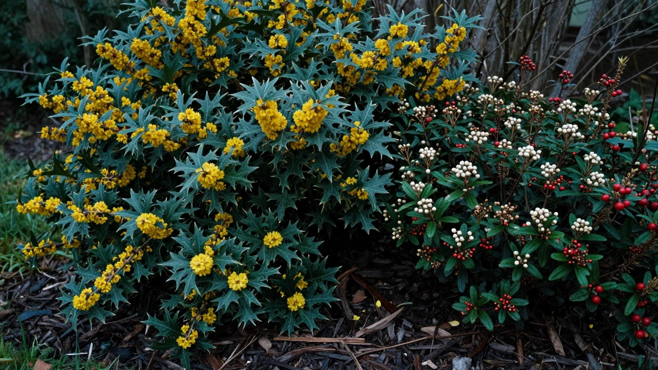 Mahonia and skimmia shrubs with yellow flowers and red berries in a shady garden corner.