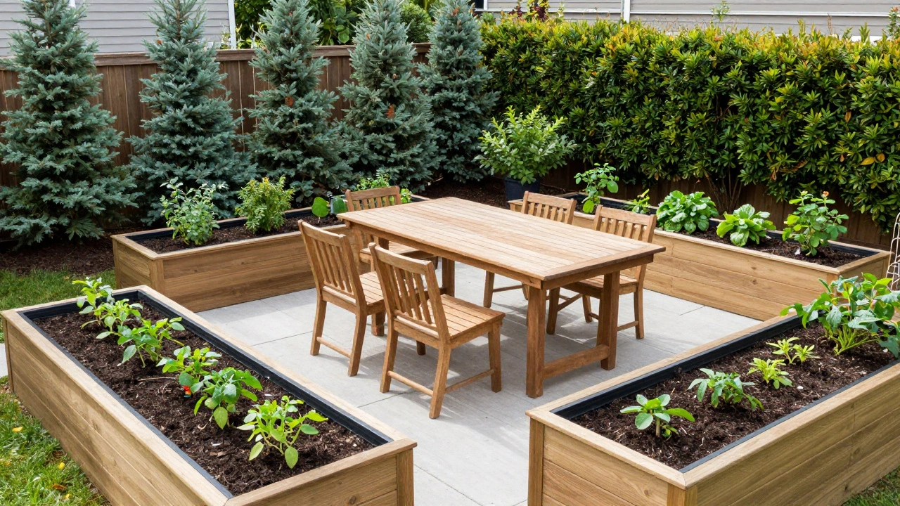 Raised garden beds and outdoor dining area