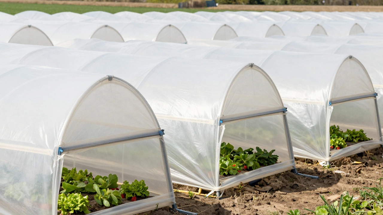Rows of white plastic polytunnels on a farm field growing vegetables in the UK countryside.