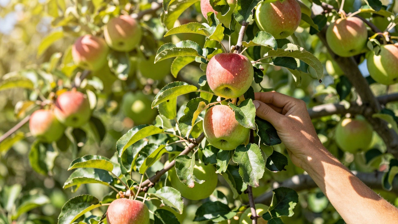 Sunlit apple tree with ripe fruit being inspected in summer