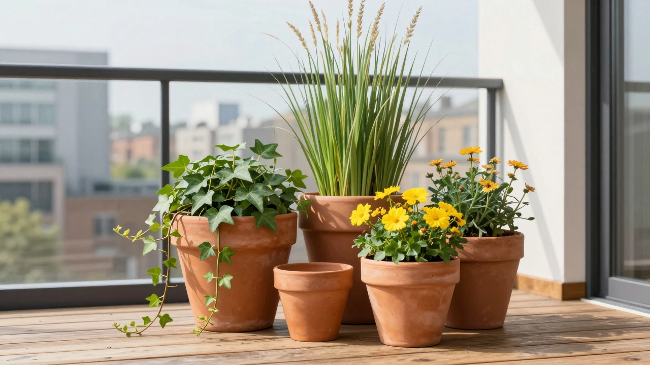 Three stacked terracotta pots on a balcony