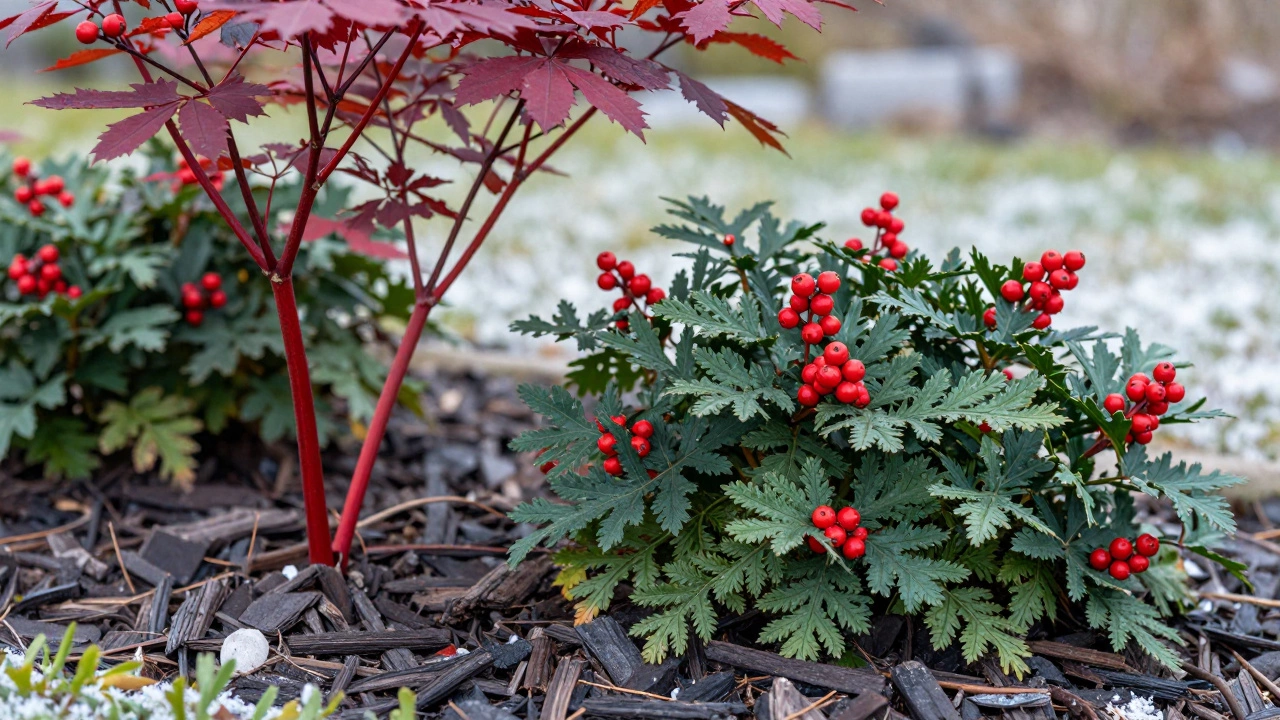 Winter garden close-up showing red dogwood stems, skimmia berries, and fresh mulch.