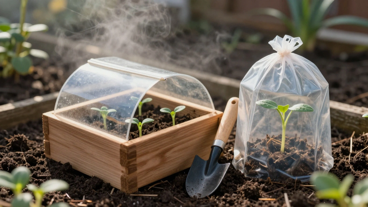 Wooden cold frame and plastic cloche protecting seedlings in a rustic cottage garden.