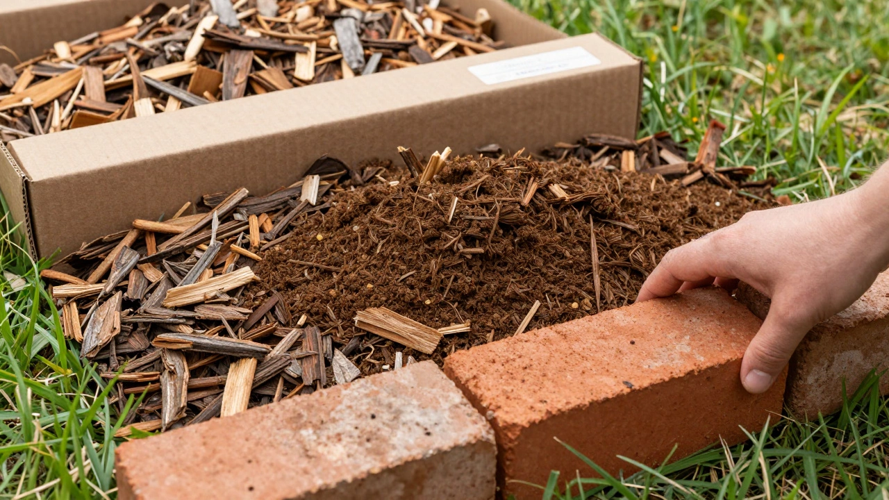 Cardboard mulching and recycled bricks for borders
