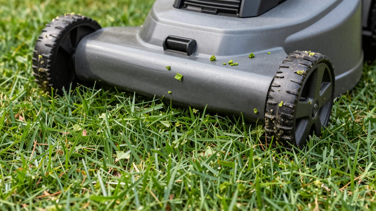 Clean mower deck and mulched grass clippings on a healthy lawn