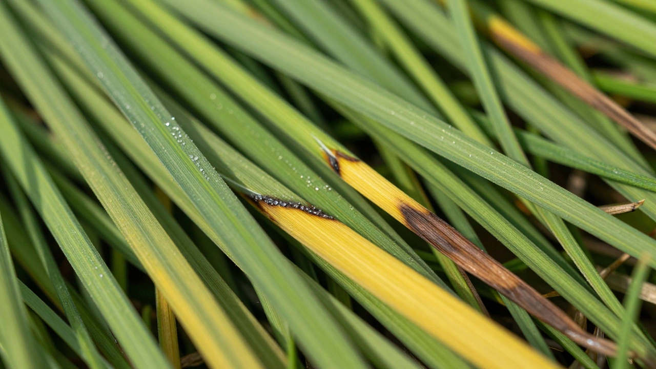 Close-up of grass blades showing fertilizer burn damage