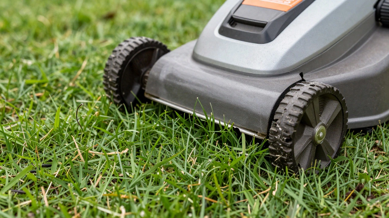 Close up of lawnmower blades cutting grass cleanly at proper height