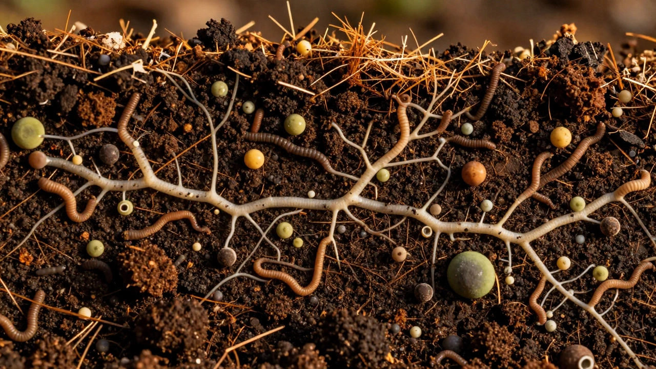 Close-up of living soil ecosystem with worms and fungi