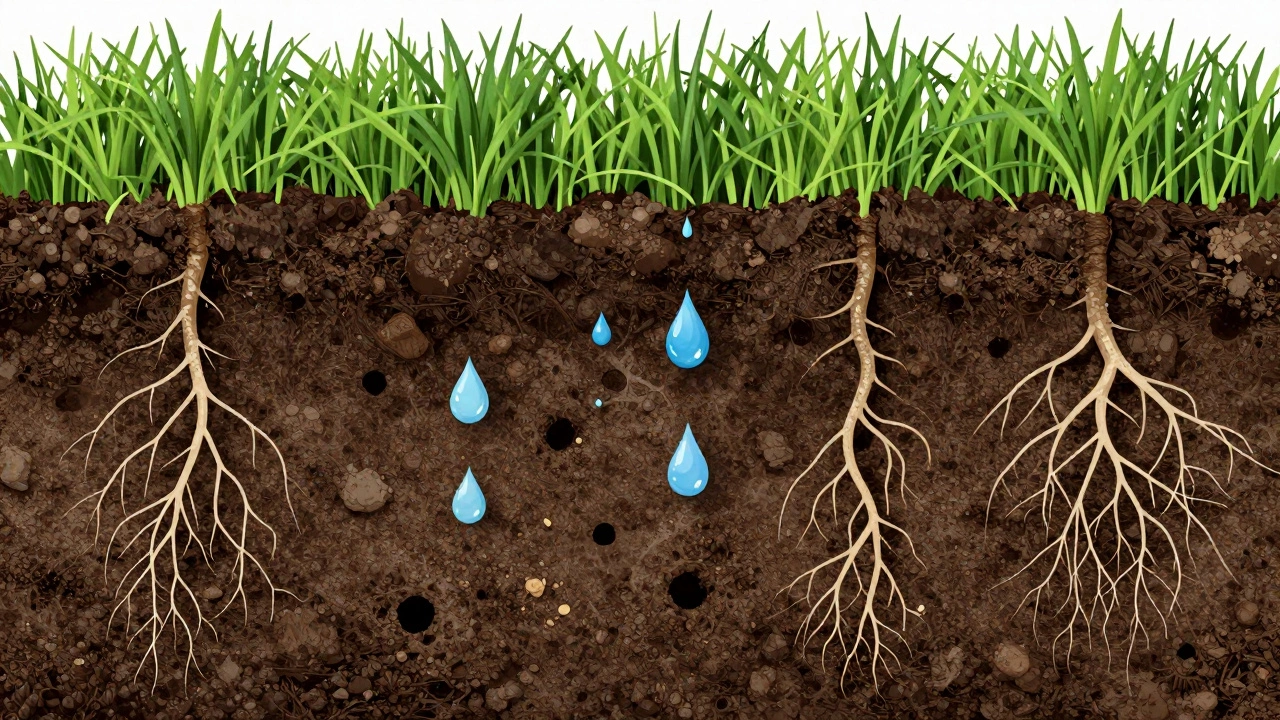 Cross section diagram of deep grass roots and aerated soil