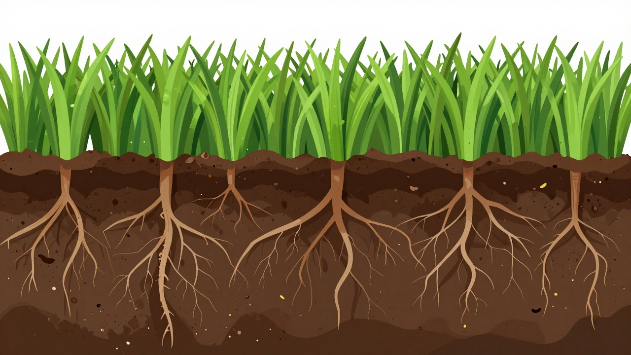 Cross-section illustration showing deep grass roots and healthy soil
