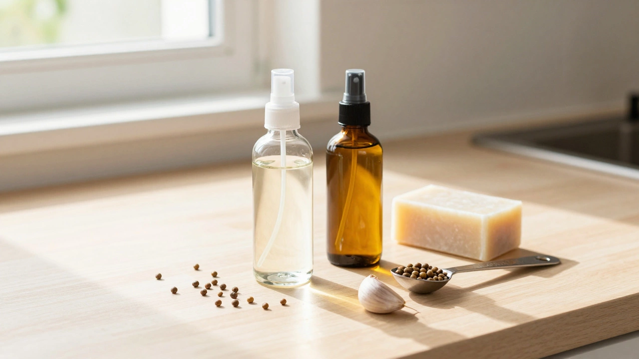DIY natural plant spray ingredients on a sunny kitchen counter