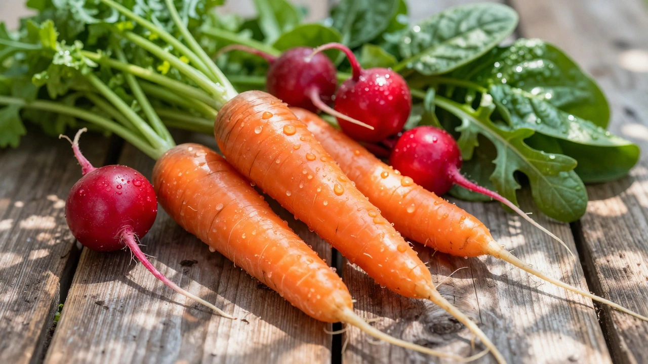 Freshly harvested carrots, radishes, and spinach on a rustic wooden table.
