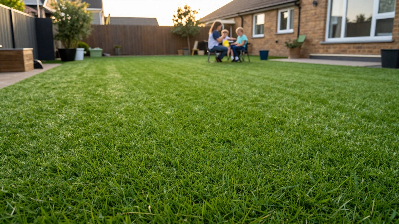 Fully settled, lush artificial lawn in a sunny UK garden