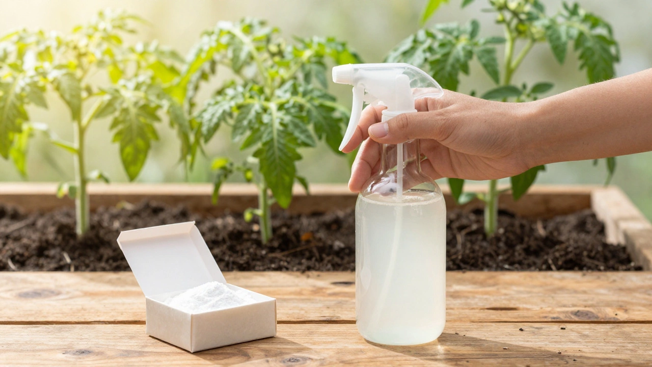 Gardener holding spray bottle of baking soda solution near tomato plants