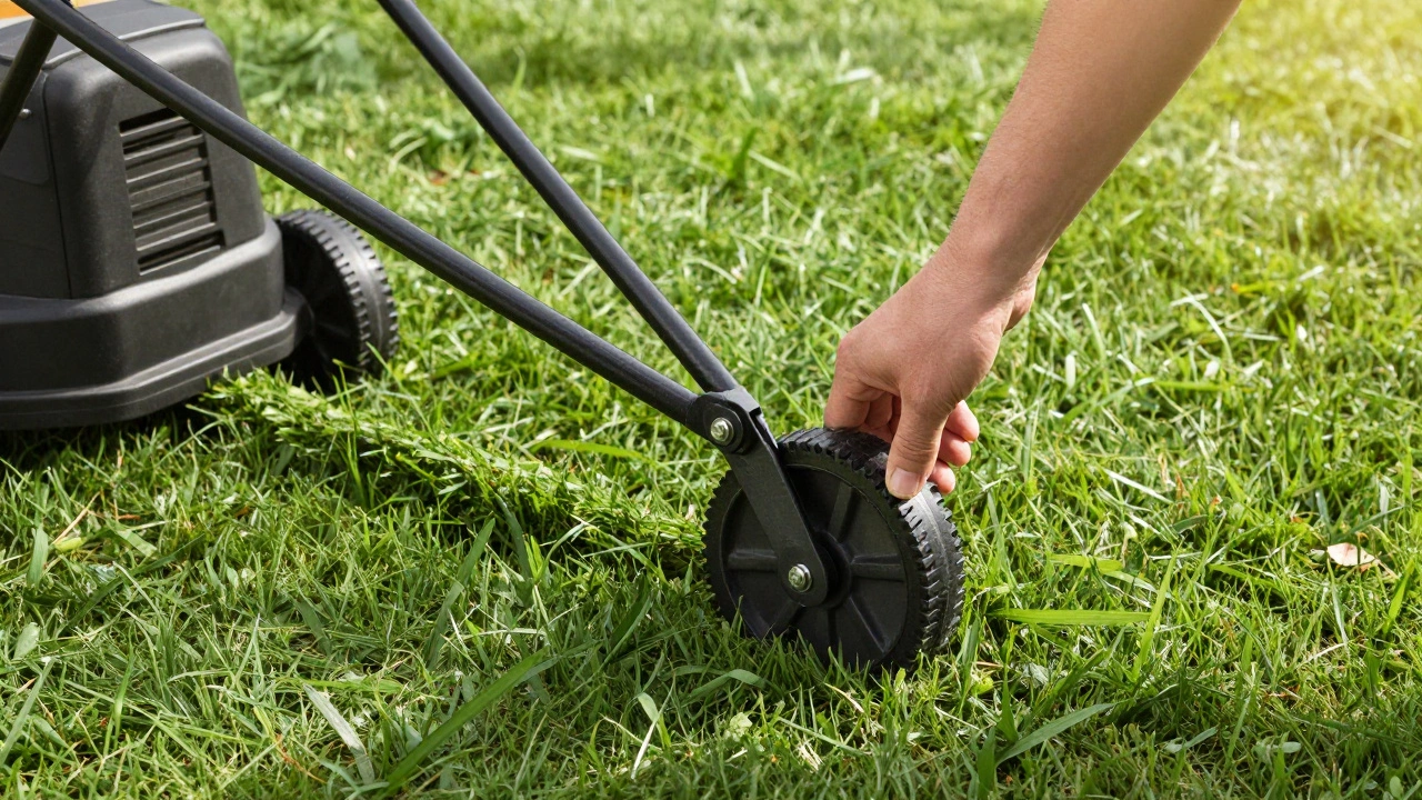 Hand adjusting mower height lever on a green lawn with fresh clippings
