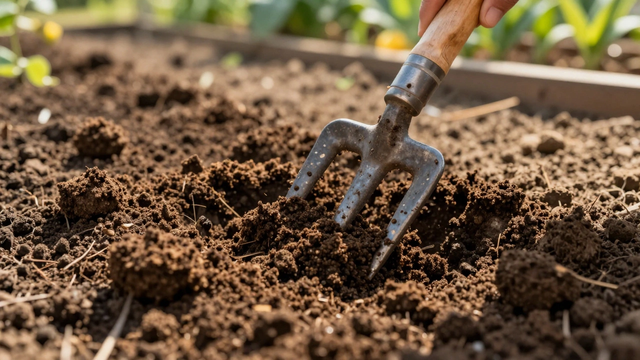 Hands mixing compost into soil with a garden fork