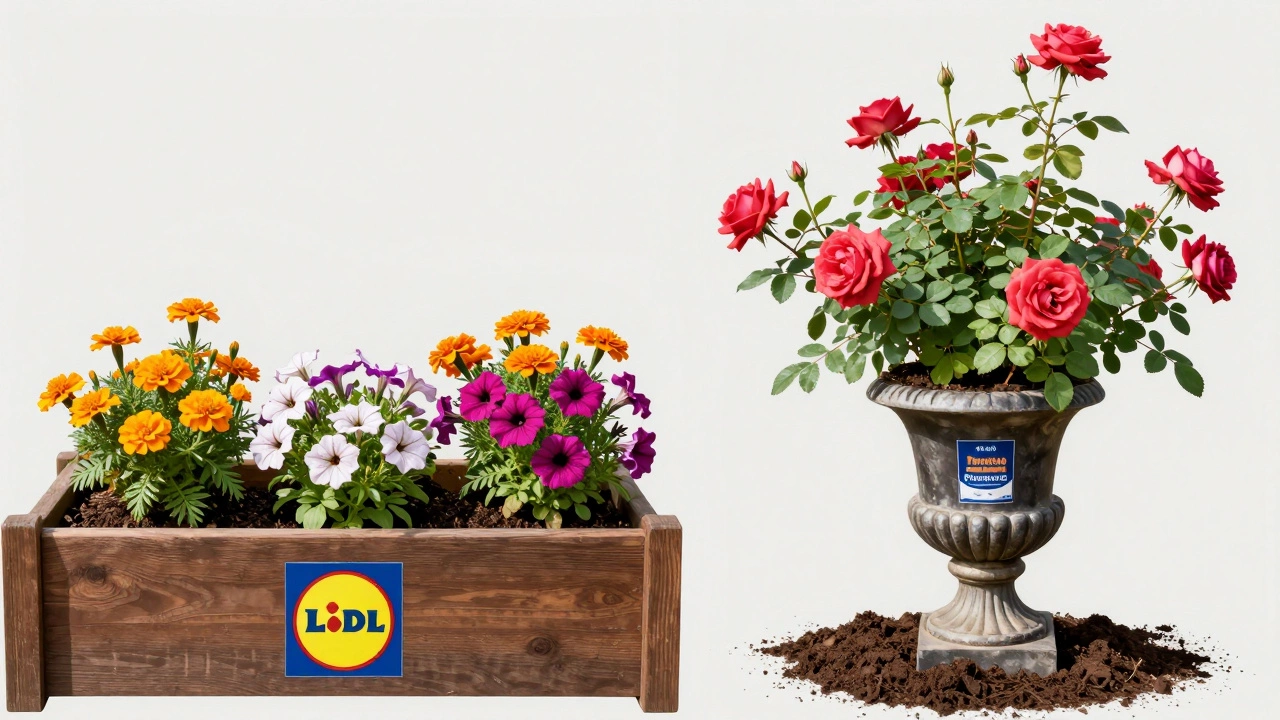 Healthy flowers growing in budget compost compared to premium