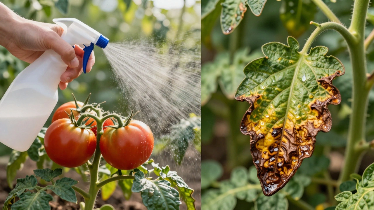 Healthy sprayed tomato plant next to leaf burned by harsh chemicals