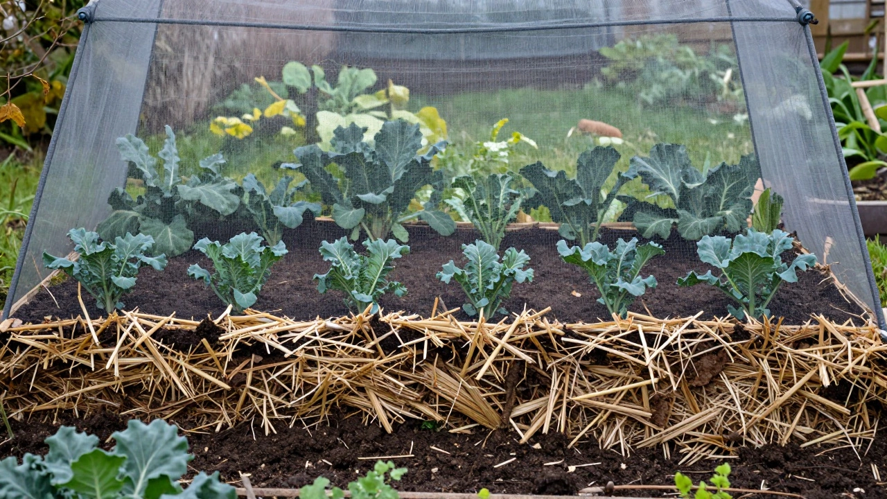 Kale seedlings protected by mulch and netting in a prepared garden bed.