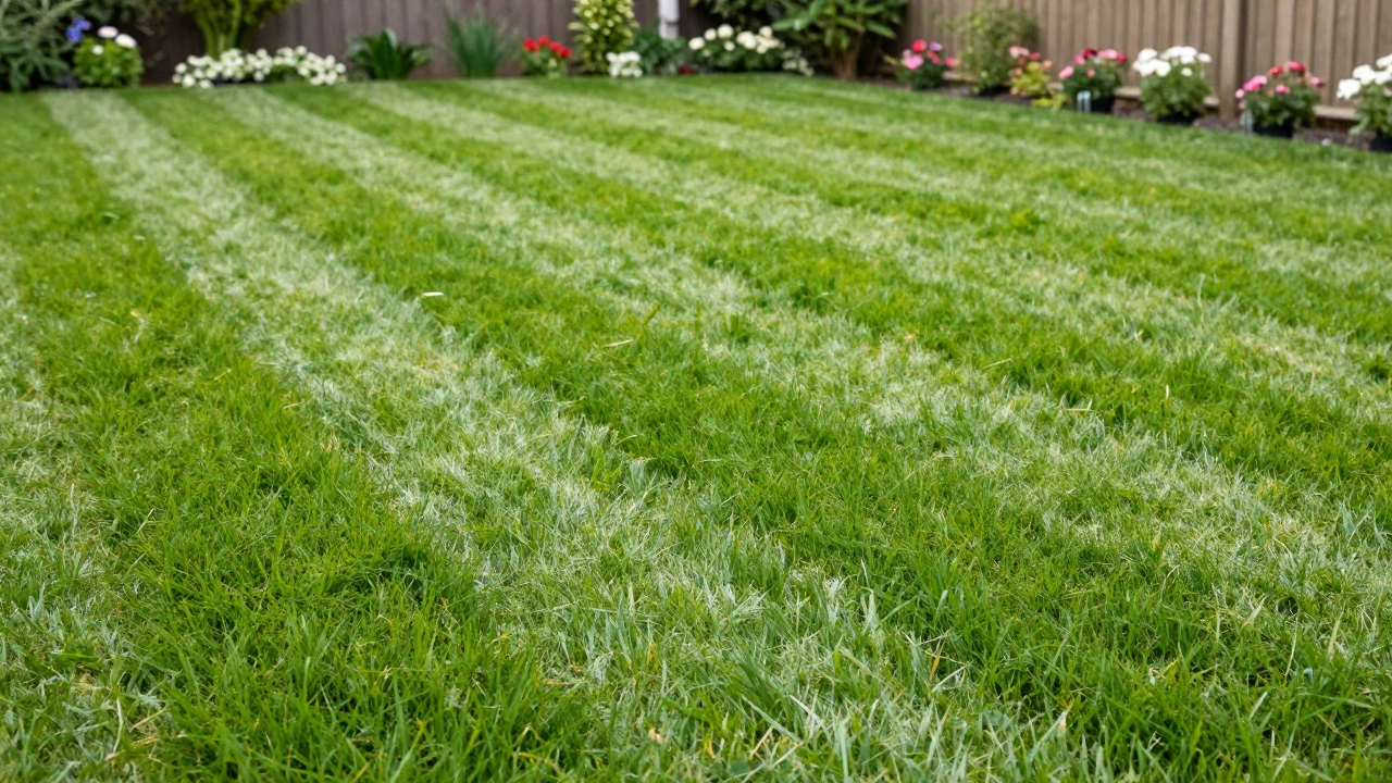 Lawn with striped patterns showing cross-mowing technique for health